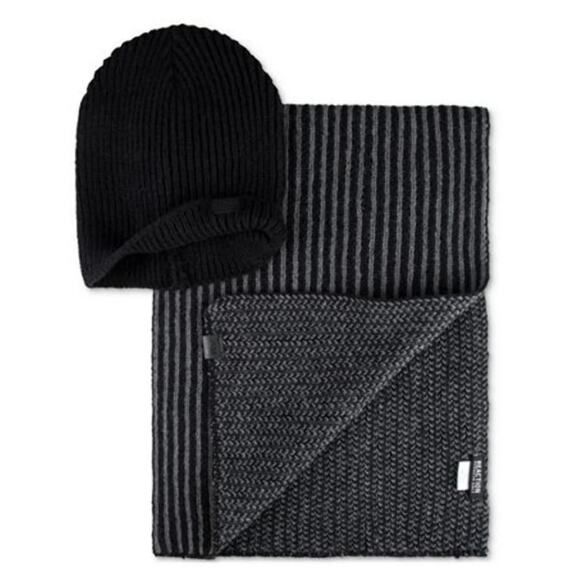 Kenneth Cole Reaction Striped Knit Scarf and Beanie Set - Black/Gray - NWT - Picture 1 of 3